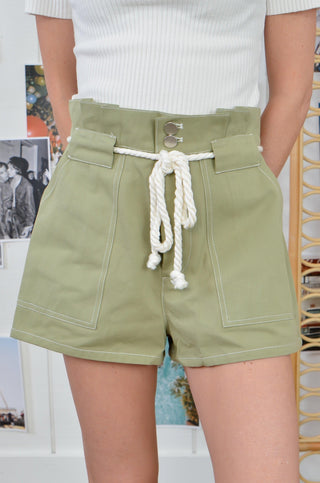 Army Green Rope Tie Paperbag Shorts-day + moon-L. Mae Boutique