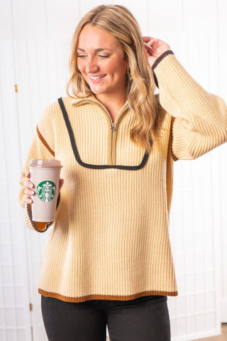 First Thing Beige Contrast Quarter Zip Pullover-2.7 August Apparel-L. Mae Boutique