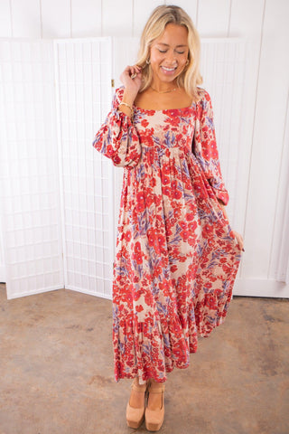 Whisk Me Away Red Floral Midi Dress-In The Beginning-L. Mae Boutique