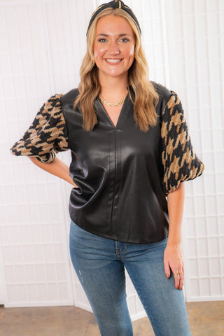 THML Black Mixed Knit Leather Puff Sleeve Top-THML-L. Mae Boutique