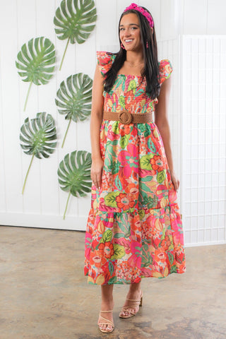 THML Tropics Ruffle Sleeve Floral Midi Dress-THML-L. Mae Boutique
