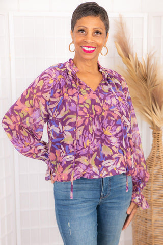 Change In The Air Purple Abstract Tie Neck Top-Fate-L. Mae Boutique