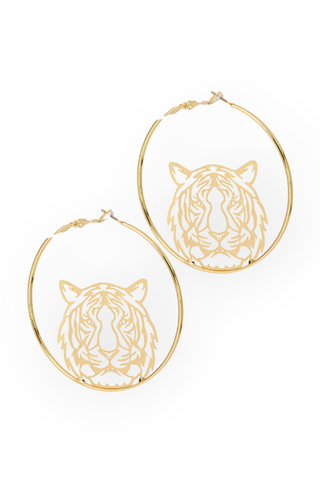 Gold Tiger Design Hoop Earrings-Golden Stella-L. Mae Boutique