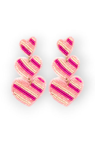 Pink Striped Three Tier Drop Heart Earrings-Golden Stella-L. Mae Boutique