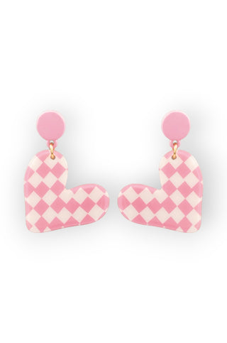 Check Me Out Pink Checker Dangle Heart Earrings-Golden Stella-L. Mae Boutique