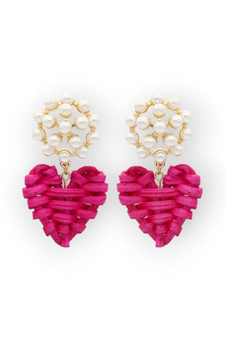 Rattan Pink Heart & Pearl Drop Earrings-Golden Stella-L. Mae Boutique