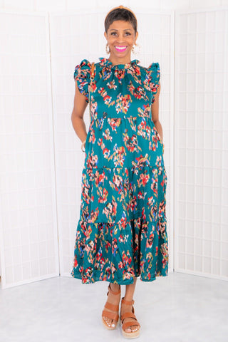 THML Teal Ruffle Sleeve Printed Maxi Dress-THML-L. Mae Boutique